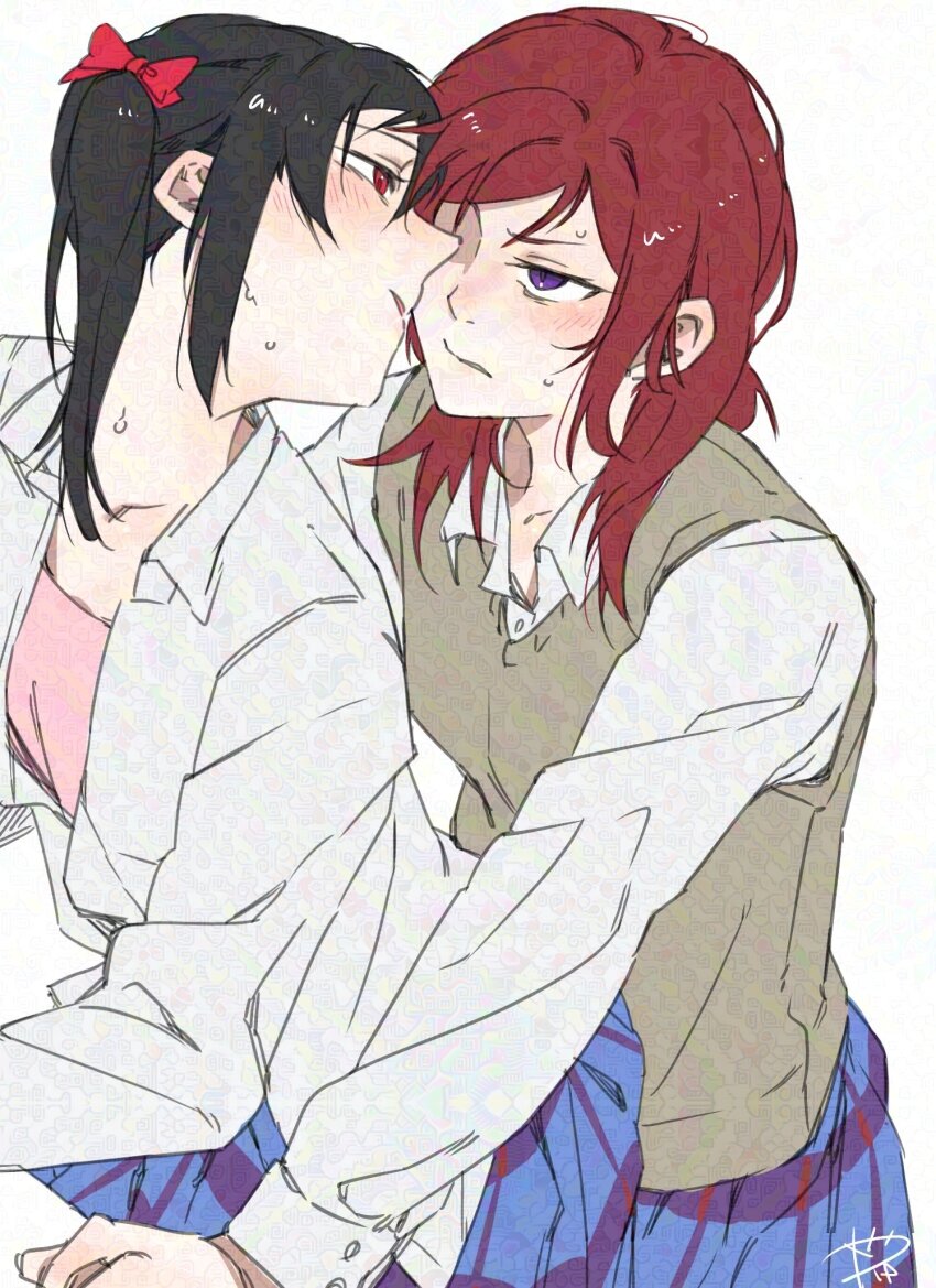 2girls black_hair blue_skirt blush brown_sweater_vest commentary hashtag-only_commentary highres long_hair love_live! love_live!_school_idol_project multiple_girls nishikino_maki otonokizaka_school_uniform parted_lips pink_shirt pleated_skirt purple_eyes red_eyes red_hair school_uniform shirt simple_background skirt surfacedxxc sweat sweater_vest twintails white_background white_shirt yazawa_nico yuri
