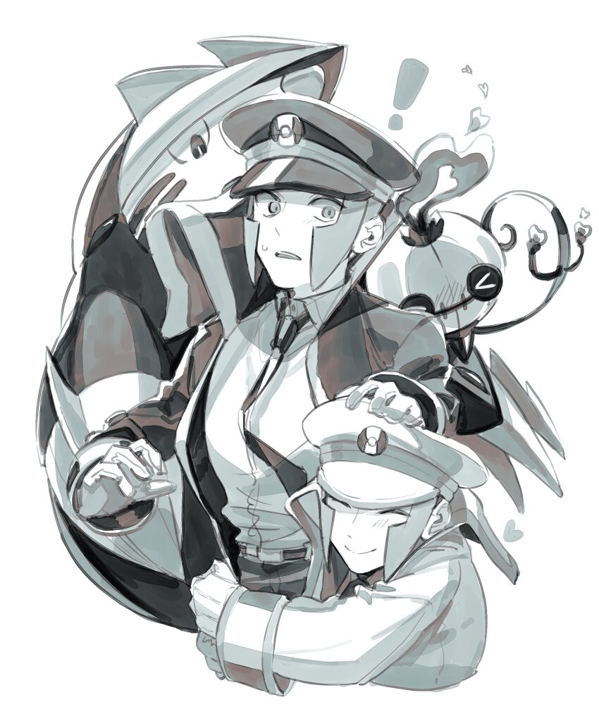! &gt;_&lt; 2boys blush brothers chandelure closed_eyes coat collared_shirt commentary_request emmet_(pokemon) excadrill gen_5_pokemon gloves hat heart highres hug ingo_(pokemon) limited_palette long_sideburns male_focus moriyuisu multiple_boys necktie nintendo open_clothes open_coat peaked_cap pokemon pokemon_(creature) pokemon_bw shirt shirt_tucked_in short_hair siblings sideburns simple_background small_sweatdrop twins white_background