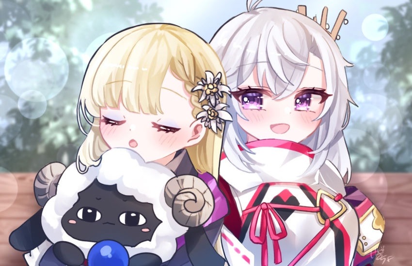 2girls :d bench blonde_hair blurry blurry_background blush bokeh clarice_(rune_factory) closed_eyes commentary_request depth_of_field flower hair_between_eyes hair_flower hair_ornament highres japanese_clothes kaguya_(rune_factory) karingityou long_hair looking_at_viewer multiple_girls open_mouth outdoors purple_eyes rune_factory rune_factory:_guardians_of_azuma sheep sleeping smile upper_body white_flower white_hair woolby