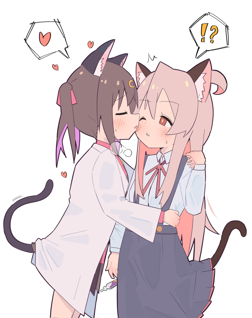 !? 2girls ^^^ absurdres ahoge animal_ear_fluff animal_ears black_hair black_skirt blue_skirt blush bottle brown_eyes cat_ears cat_girl cat_tail colored_inner_hair commentary dropping grey_hair hair_between_eyes hair_ornament hairclip hand_on_another&#039;s_shoulder hand_on_another&#039;s_waist heart highres incest kemonomimi_mode lab_coat licking licking_another&#039;s_cheek licking_another&#039;s_face long_hair long_sleeves miniskirt multicolored_hair multiple_girls neck_ribbon one_eye_closed onii-chan_wa_oshimai! oyama_mahiro oyama_mihari pink_hair pleated_skirt purple_hair red_ribbon red_shirt ribbon school_uniform shirt siblings simple_background sisters skirt spoken_heart spoken_interrobang suspender_skirt suspenders tail tongue tongue_out twintails two-tone_hair white_background white_shirt wince wing_collar yama_h15