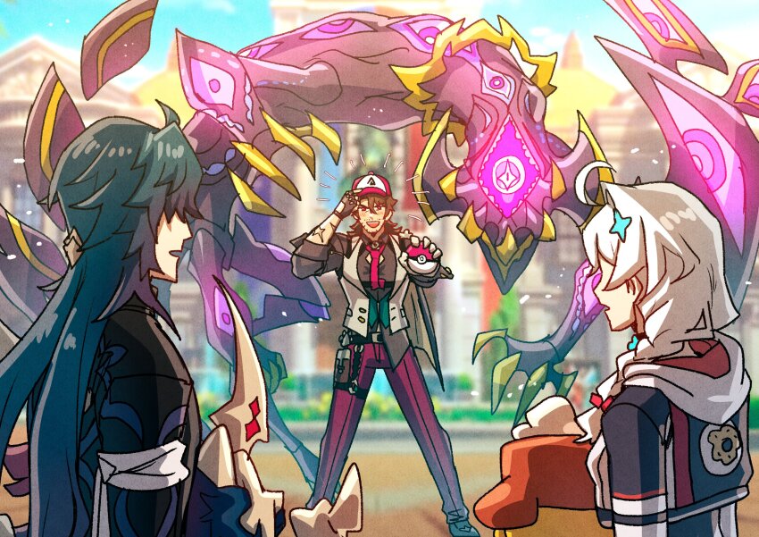 1girl 2boys absurdres ahoge baseball_cap black_jacket black_shirt blade_(honkai:_star_rail) blue_hair commentary creatures_(company) gallagher_(honkai:_star_rail) game_freak grey_vest hair_ornament hat highres holding holding_poke_ball honkai:_nexus_anima honkai:_star_rail honkai_(series) hood hooded_jacket jacket kiana_kaslana long_hair multiple_boys nintendo oneirio outdoors pants poke_ball pokemon purple_pants shirt something_unto_death_(honkai:_star_rail) standing upper_body very_long_hair vest white_hair