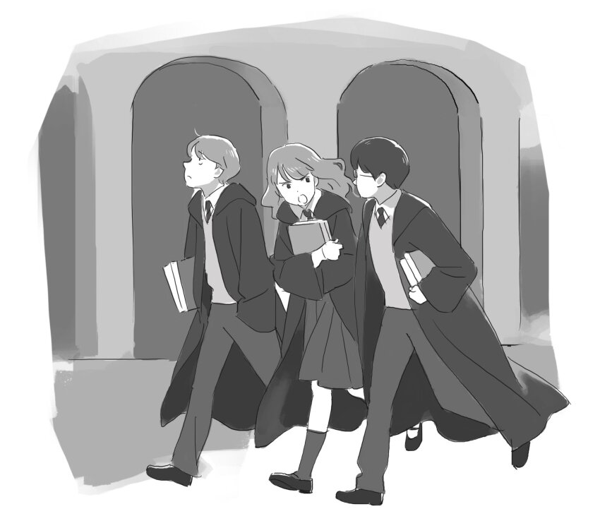 1girl 2boys book commentary_request eye_contact full_body glasses greyscale harry_potter harry_potter_(series) hermione_granger highres holding holding_book izumi_seguchi long_coat long_hair looking_at_another looking_up monochrome multiple_boys necktie pants ron_weasley short_hair skirt socks wizarding_world