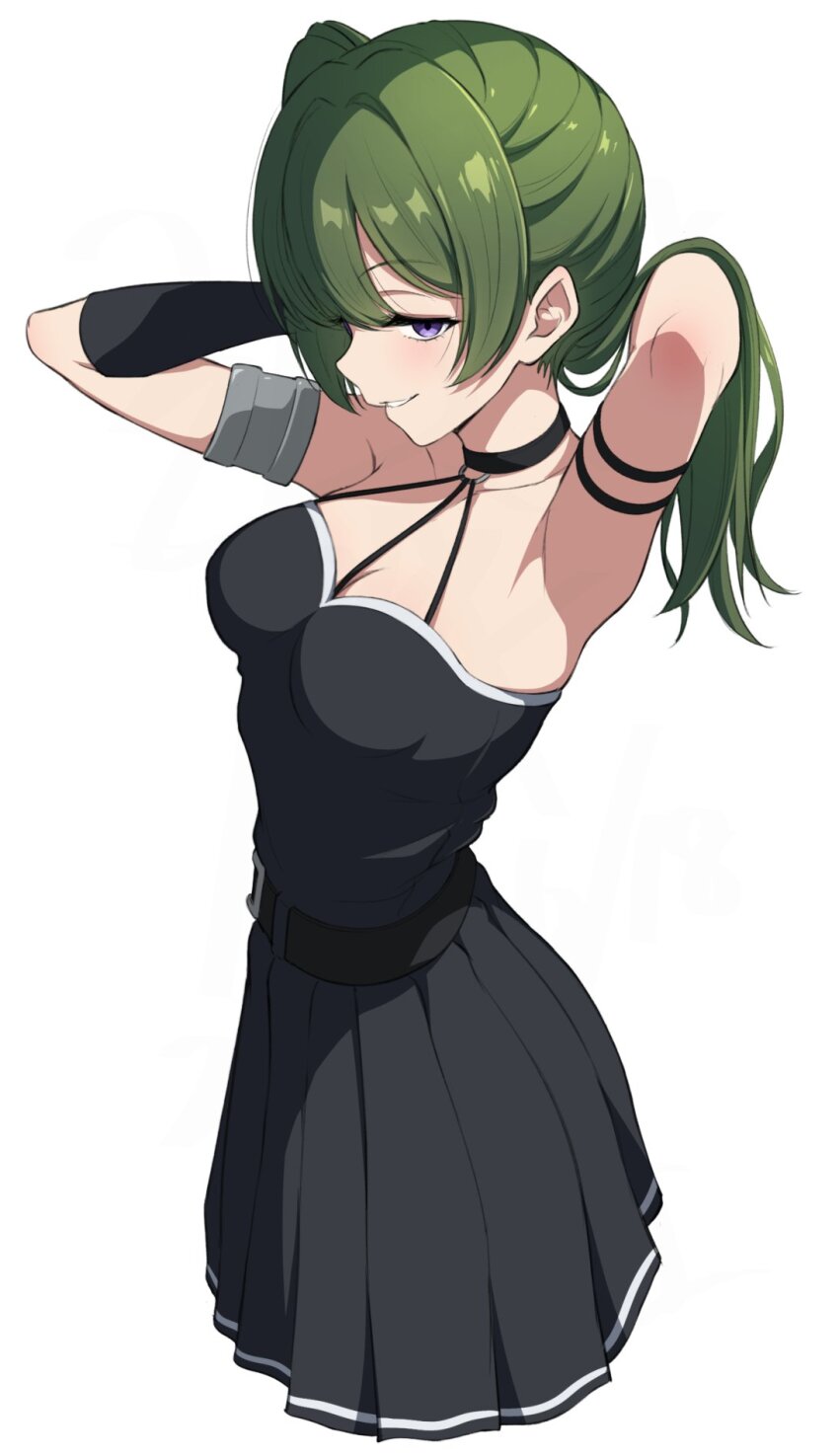 1girl armlet bare_shoulders belt black_belt black_choker black_dress black_gloves breasts choker cleavage commentary cropped_legs dress gloves green_hair grin highres jewelry looking_at_viewer looking_to_the_side medium_breasts nishizuki_shino o-ring o-ring_choker parted_lips pleated_dress profile purple_eyes sideways simple_background single_glove sleeveless sleeveless_dress smile solo sousou_no_frieren tying_hair ubel_(sousou_no_frieren) white_background