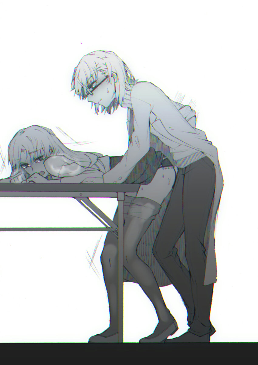 2girls absurdres blush closed_mouth commentary_request fingering glasses higashizukihi_sei highres lab_coat long_hair medium_hair misaka_mikoto motion_lines multiple_girls open_mouth shirai_kuroko sweatdrop toaru_kagaku_no_railgun toaru_majutsu_no_index yuri
