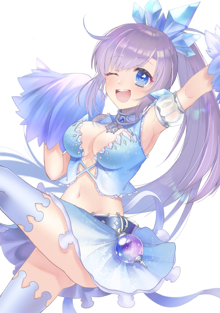 1girl absurdres armpits blue_eyes breasts cheerleader dress highres iris_mysteria! large_breasts miniskirt patricia_shandy ponytail purple_hair skirt variant_set wanokuni_(wakokusforest) white_background