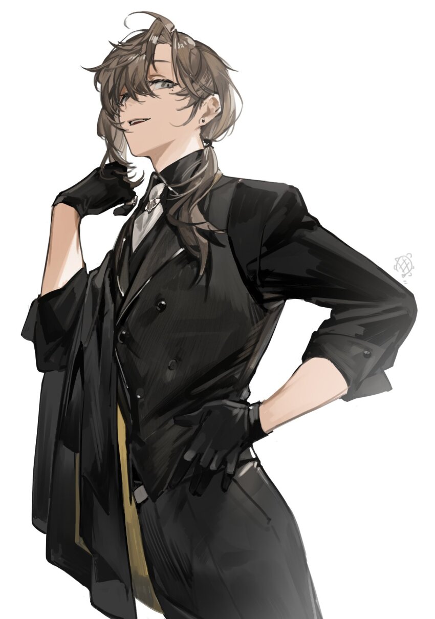 1boy belt black_belt black_gloves black_pants black_shirt black_vest bokyo brooch brown_hair buttons collared_shirt cowboy_shot curtained_hair double-breasted earrings from_below gloves grey_eyes hair_behind_ear hair_between_eyes hair_over_shoulder hand_on_own_hip hand_up highres jacket jewelry kanae_(nijisanji) long_hair long_sleeves looking_at_viewer low_ponytail male_focus mole mole_under_eye necktie nijisanji pants parted_lips pinky_ring ponytail shirt sideways_glance simple_background single_sidelock sleeves_rolled_up smile solo standing stud_earrings teeth twirling_hair unworn_jacket upper_teeth_only vest virtual_youtuber white_background white_necktie