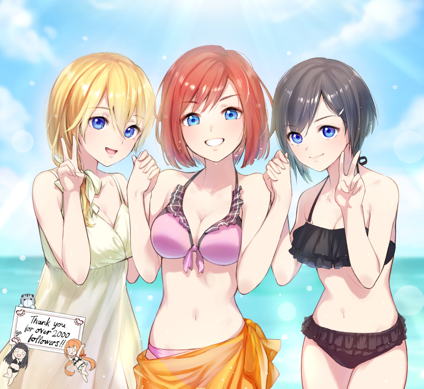 5girls alternate_costume bare_arms bare_shoulders bikini black_bikini black_hair blonde_hair blue_eyes blue_sky breasts cat chibi chirithy cleavage cloud commentary day dress english_text frilled_bikini frills front-tie_bikini_top front-tie_top gogo_(detteiu_de) grin hair_over_shoulder highres holding_hands kairi_(kingdom_hearts) kingdom_hearts kingdom_hearts_358/2_days kingdom_hearts:_chain_of_memories kingdom_hearts_iii kingdom_hearts_unchained_x long_hair looking_at_viewer medium_breasts multiple_girls namine navel outdoors pink_bikini red_hair sarong short_hair skuld_(kingdom_hearts) sky smile strelitzia_(kingdom_hearts) sundress sunlight swimsuit v white_dress xion_(kingdom_hearts)