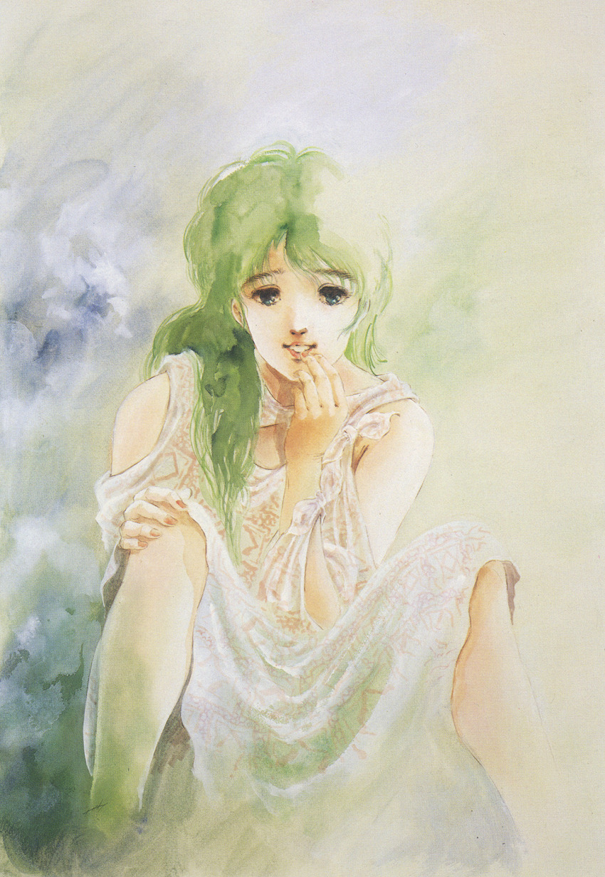 1980s_(style) 1girl blue_eyes dress green_hair grin hand_to_own_mouth highres lips long_hair looking_at_viewer megazone_23 mikimoto_haruhiko oldschool painting_(medium) production_art retro_artstyle scan sitting smile spread_legs teeth tokimatsuri_eve traditional_media watercolor_(medium)