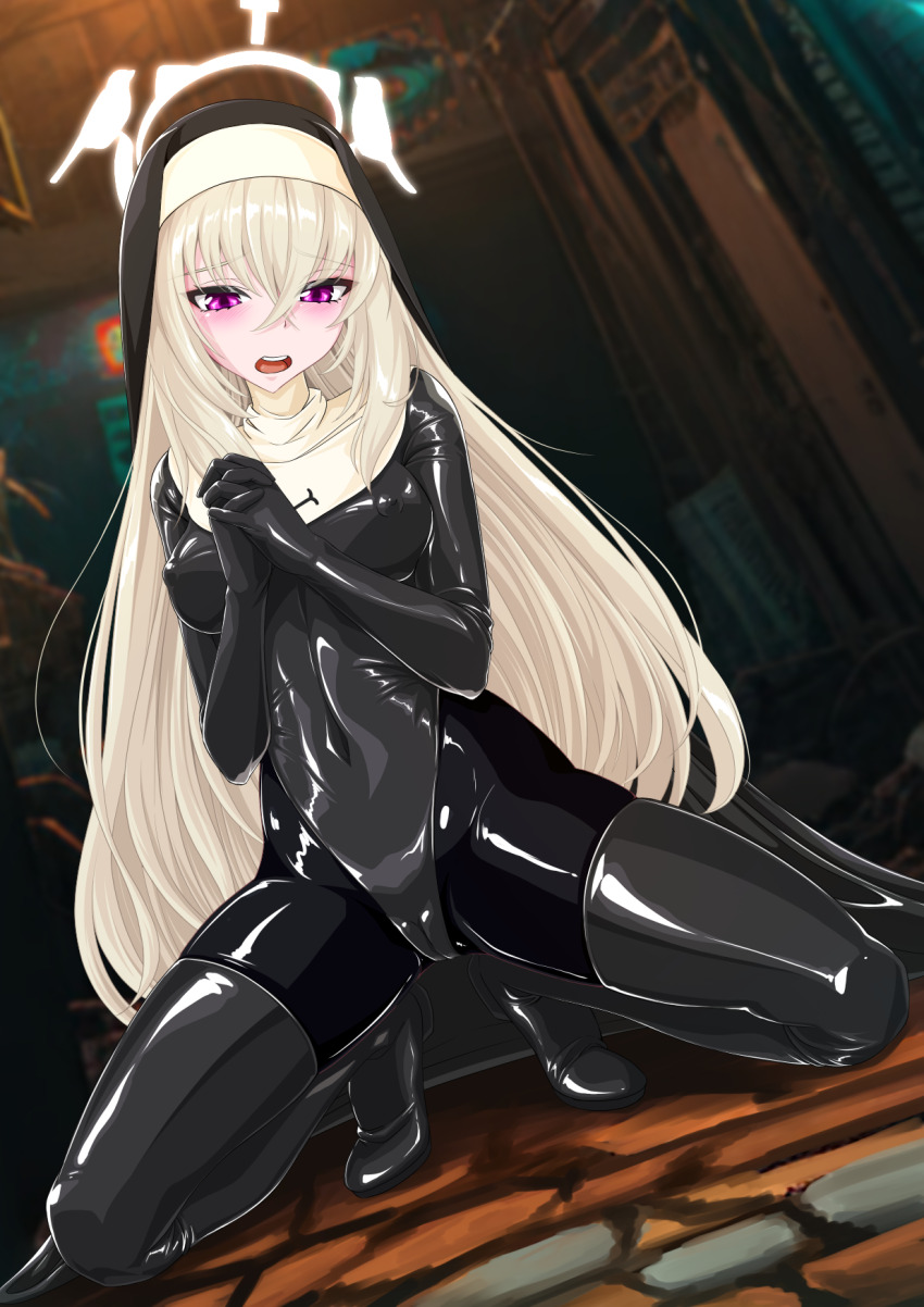 1girl black_bodysuit black_boots black_gloves blonde_hair blue_archive blush bodysuit bodysuit_under_clothes boots breasts covered_erect_nipples covered_navel gloves habit halo high_heels highleg highleg_leotard highres impossible_clothes impossible_leotard justina_follower_(blue_archive) kneeling latex latex_bodysuit latex_gloves latex_leotard leotard long_hair nun own_hands_together purple_eyes rubber_gloves sakurako_(blue_archive) shiny_clothes skin_tight small_breasts solo tamakko teeth thigh_boots upper_teeth_only very_long_hair