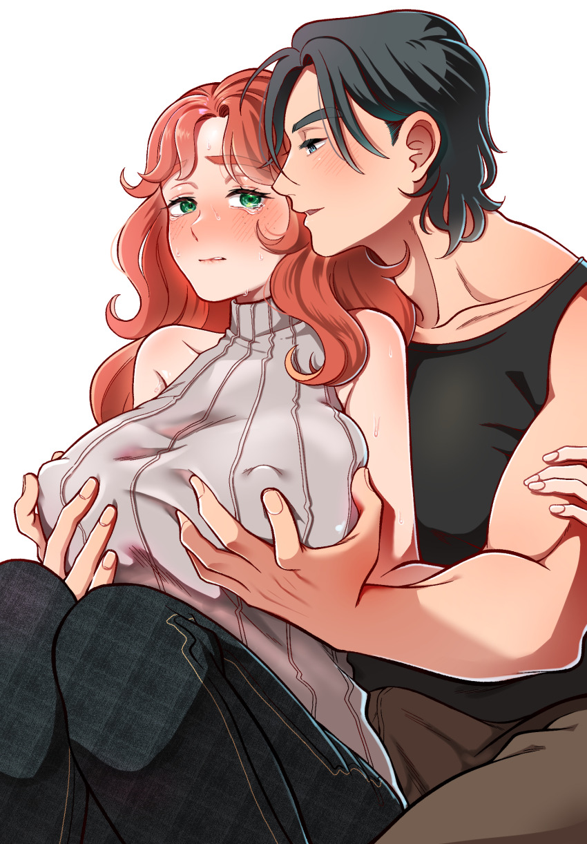 1boy 1girl black_hair black_pants black_tank_top blue_eyes blush breasts collarbone commentary_request covered_erect_nipples freckles ginger_(my_time_at_portia) grabbing_another&#039;s_breast grabbing_from_behind green_eyes groping hetero highres huge_breasts marco_(my_time_at_portia) mugicha_(zoro1132) my_time_at_portia orange_hair pants sleeveless sleeveless_turtleneck smile sweatdrop tank_top tears turtleneck