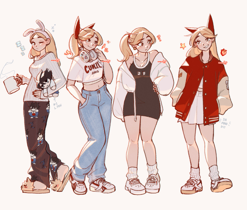 1girl animal_ears animal_slippers black_dress black_pants blonde_hair blush breasts character_doll cleavage commentary cropped_shirt cudlil cudlil_(character) doll dress english_commentary fake_animal_ears food fruit full_body hand_on_own_hip hands_in_pockets headphones headphones_around_neck highres hood hood_down hoodie jacket l_(death_note) letterman_jacket lightning_bolt_symbol long_hair long_sleeves looking_to_the_side medium_breasts midriff navel off_shoulder one_eye_closed original pajama_pants pants ponytail rabbit_ears red_jacket red_nails ribbed_shirt shirt shoes slippers smile sneakers socks star_(symbol) strawberry white_hoodie white_shirt white_shoes white_socks zzz