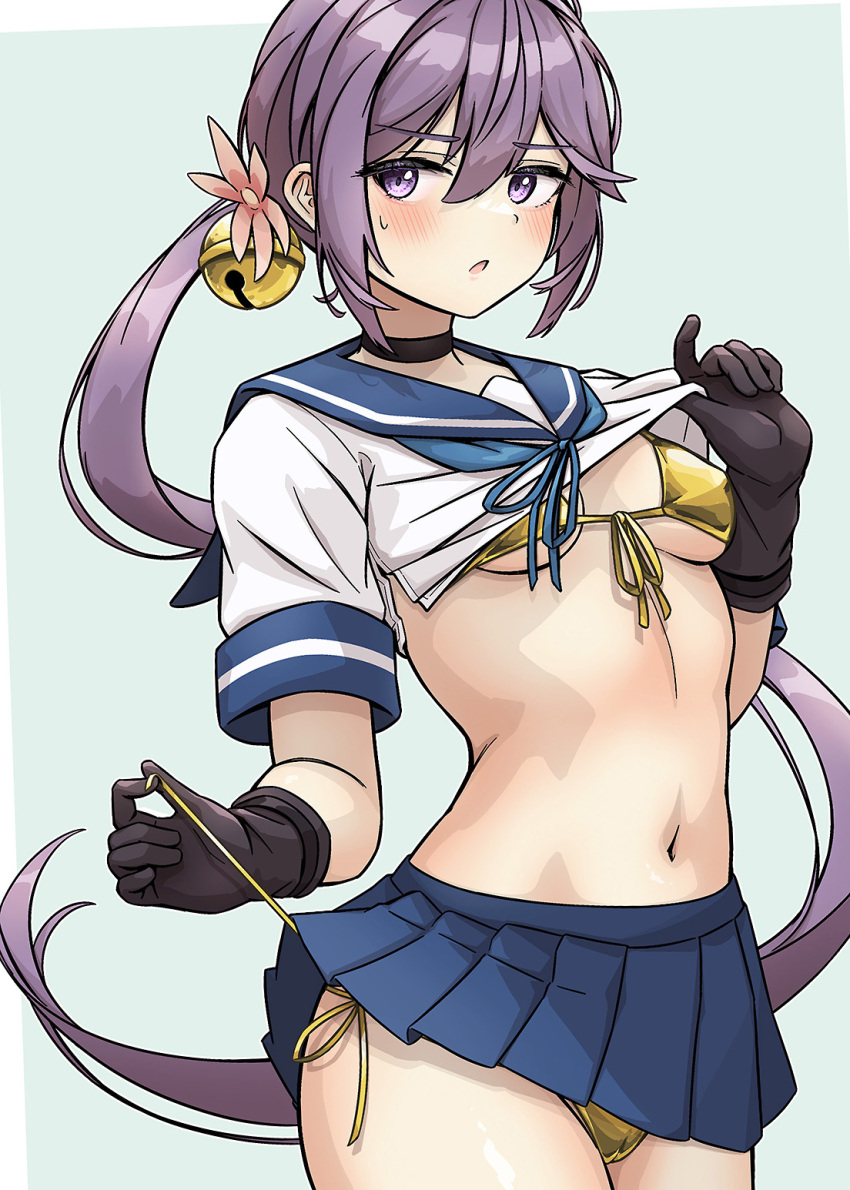 1girl :o akebono_(kancolle) arthur_ko bikini bikini_under_clothes black_choker black_gloves blue_skirt blush breasts cameltoe choker clothes_lift cropped gloves gold_bikini hair_between_eyes highres kantai_collection long_hair navel open_mouth pleated_skirt purple_eyes purple_hair sailor sailor_collar school_uniform serafuku shirt_lift side-tie_bikini_bottom sidelocks skirt small_breasts solo standing stomach swimsuit textless_version underboob very_long_hair