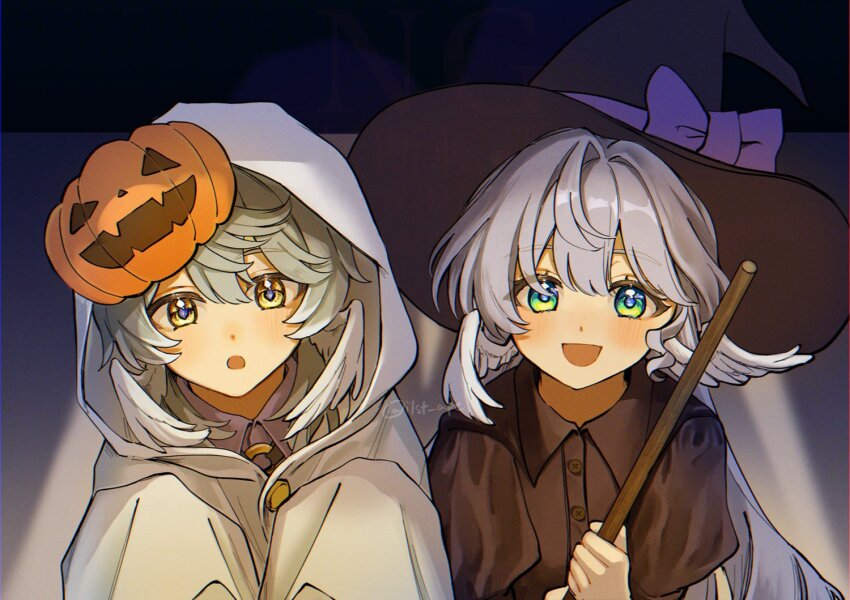 1boy 1girl :o aged_down black_hat black_shirt blush bow broom brother_and_sister commentary english_commentary ghost_costume ghost_pose green_eyes grey_hair halloween halloween_costume hat hat_bow head_tilt holding holding_broom honkai:_star_rail honkai_(series) long_hair looking_at_viewer mask mask_on_head open_mouth purple_bow purple_hair ringorilla robin_(honkai:_star_rail) shirt siblings smile sunday_(honkai:_star_rail) twitter_username upper_body witch witch_hat yellow_eyes