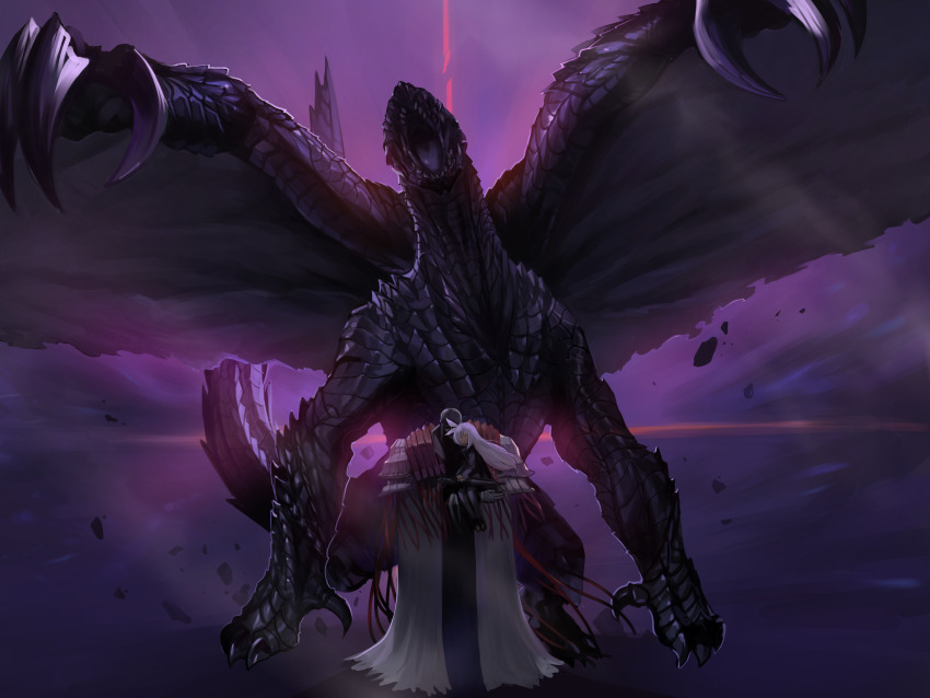 1boy 1girl absurdres animal black_footwear black_jacket black_pantyhose black_skirt blue_archive cloak commentary_request crossover dokomon dragon gore_magala highres jacket korean_commentary long_hair monster_hunter_(series) pantyhose phrenapates_(blue_archive) plana_(blue_archive) shoes sitting_on_arm skirt very_long_hair white_cloak white_hair