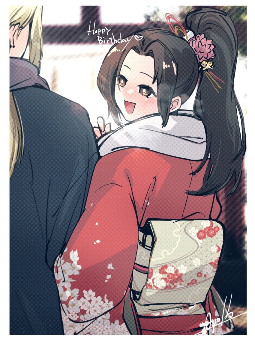 1boy 1girl andy_bogard apollo_(pixiv884782) birthday black_hair blonde_hair blurry blurry_background blush breath brown_eyes commentary_request couple fatal_fury floral_print floral_print_kimono flower from_behind grey_scarf hair_flower hair_ornament happy_birthday height_difference high_ponytail highres japanese_clothes kimono long_hair long_sleeves looking_at_another new_year obi open_mouth outdoors parted_bangs ponytail print_kimono red_kimono sash scarf shiranui_mai signature smile the_king_of_fighters upper_body white_scarf wide_sleeves