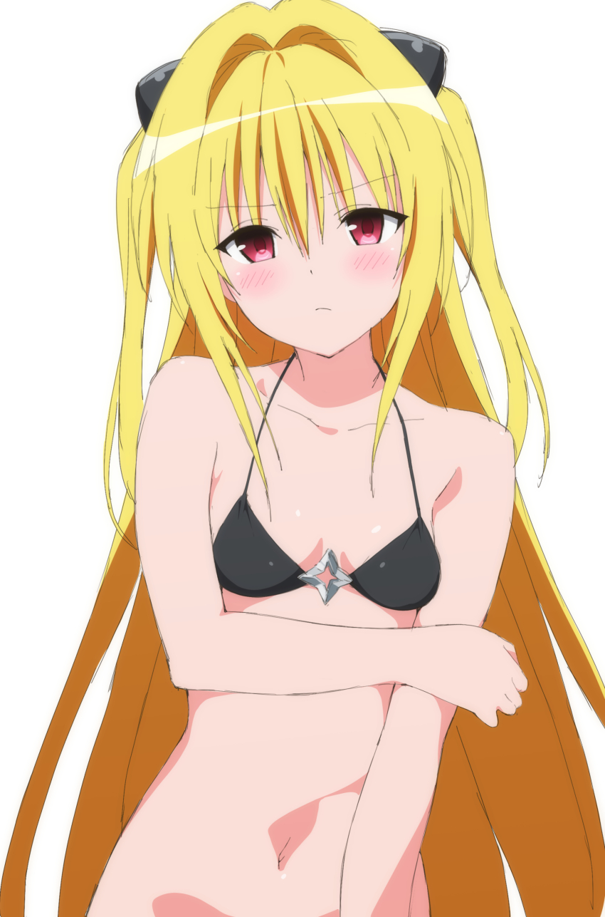 1girl absurdres bikini black_bikini blonde_hair blush bottomless breasts collarbone commentary_request hair_intakes highres konjiki_no_yami long_hair looking_at_viewer navel red_eyes shou937 simple_background small_breasts solo stomach swimsuit to_love-ru very_long_hair