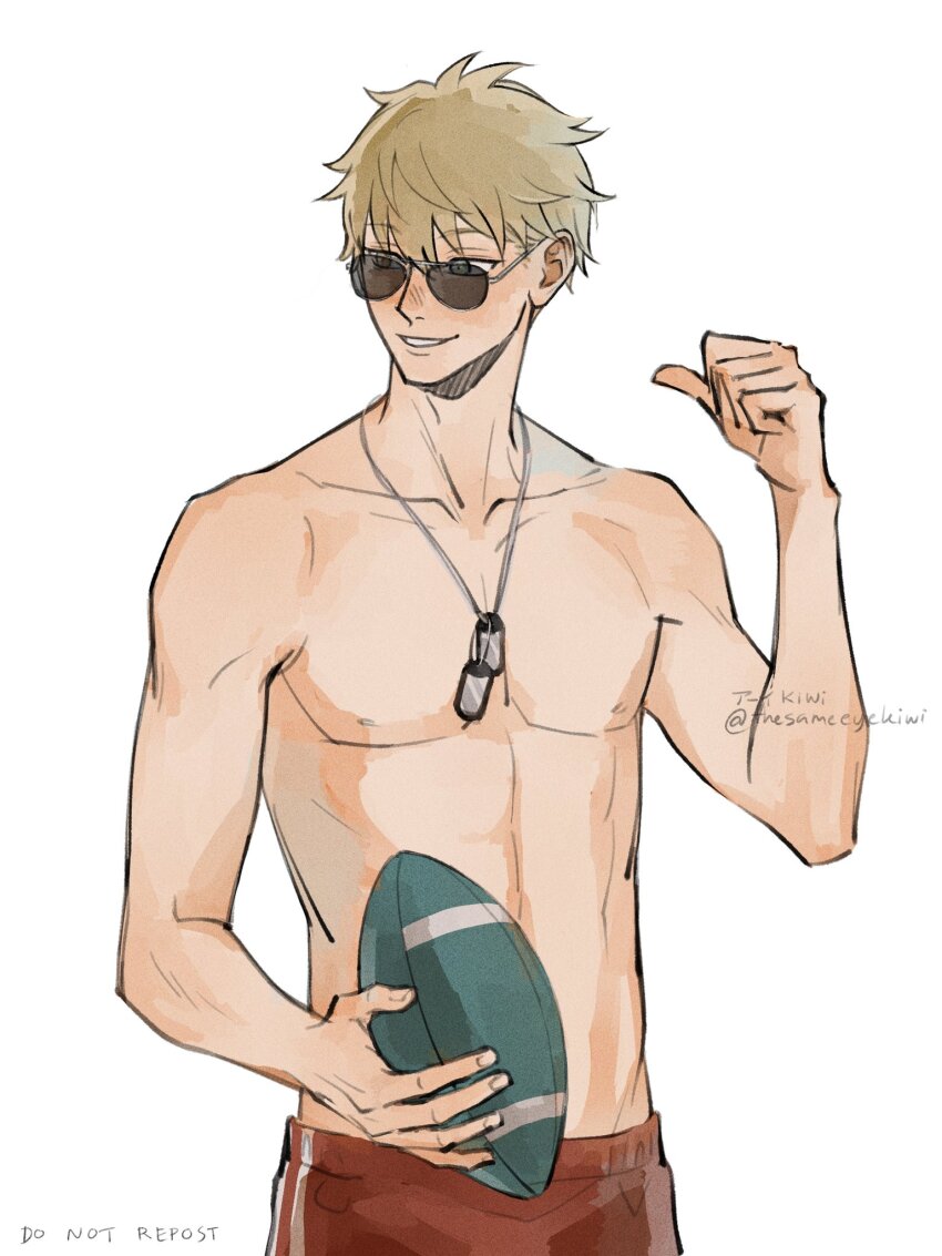 1boy american_football_(object) ball blonde_hair commentary hair_between_eyes highres holding jewelry looking_to_the_side male_focus necklace short_hair simple_background smile solo spy_x_family sunglasses thesameeyekiwi topless_male twilight_(spy_x_family) twitter_username white_background