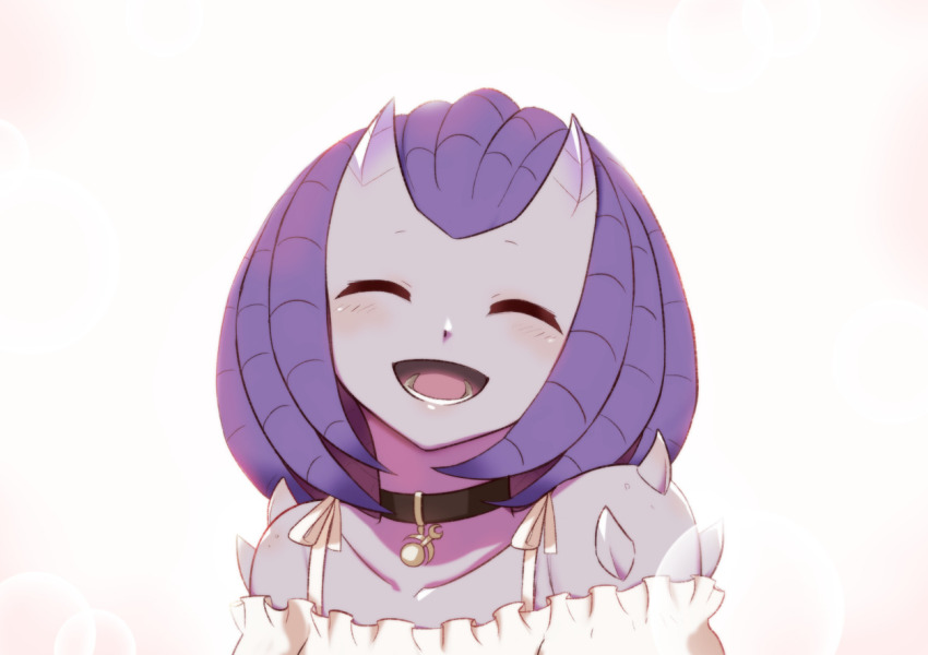 1girl :d black_choker bob_cut chaos_(warhammer) choker colored_skin daemonette dreadlocks dress facing_viewer grey_skin lutherniel medium_hair off_shoulder open_mouth purple_hair simple_background smile solo upper_body warhammer_40k white_background white_dress