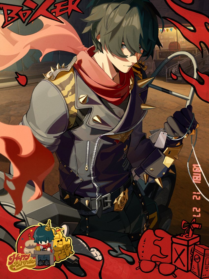 1boy belt black_gloves black_hair black_jacket cake chibi closed_mouth commentary dated dog_tags english_commentary fire food gloves hair_between_eyes happy_birthday hat highres holding holding_dog_tags jacket lighter_(zenless_zone_zero) long_sleeves looking_at_viewer male_focus multiple_views night official_art outdoors pants party_hat red_scarf scarf spiked_jacket torn_clothes torn_scarf zenless_zone_zero