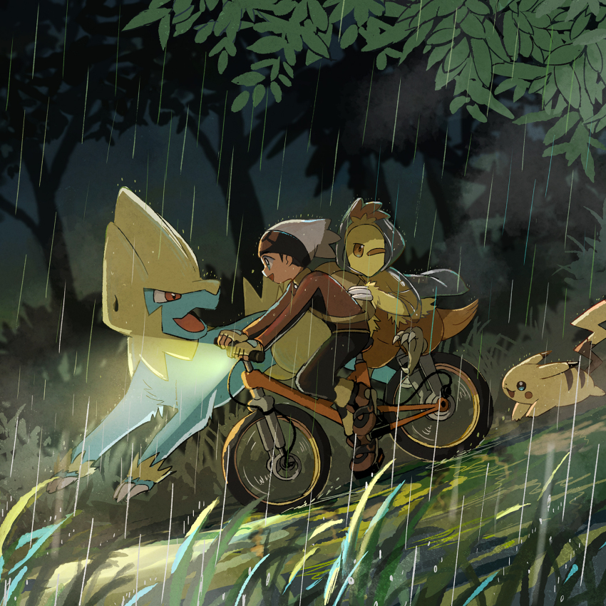 1boy :d bicycle black_pants blue_eyes brendan_(pokemon) clothed_pokemon combusken fingerless_gloves forest from_side game_freak gen_1_pokemon gen_3_pokemon gloves hat highres leaf long_sleeves manectric nature nintendo open_mouth outdoors pants pikachu pokemon pokemon_(creature) pokemon_rse popcorn_91 rain red_eyes red_footwear red_shirt riding riding_bicycle shirt shoes short_hair smile tail tree white_hat yellow_gloves