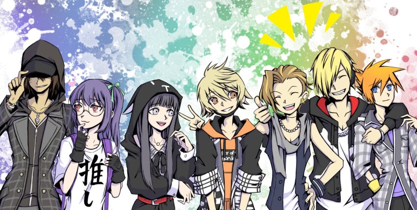 2girls 5boys animal_hood baseball_cap belt bito_daisukenojo black_coat black_hoodie black_vest blonde_hair brown_eyes brown_hair cat_hood chain chain_necklace closed_eyes clothes_writing coat dark-skinned_male dark_skin dress ear_piercing earrings eyebrows_hidden_by_hair facial_mark furesawa_tosai glasses grey_dress grey_eyes grey_jacket grey_scarf grin hair_over_one_eye hat headphones highres hood hoodie jacket jewelry kanade_rindo lipstick makeup minamimoto_sho multicolored_hair multiple_boys multiple_girls necklace orange_hoodie piercing plaid_clothes plaid_dress plaid_jacket purple_hair purple_shirt round_eyewear sailor_collar sailor_dress sakuraba_neku sakurane_shoka scarf shin_subarashiki_kono_sekai shirt smile streaked_hair subarashiki_kono_sekai thumbs_up undercut upper_body usui_nagi vest whisker_markings white_shirt wristband zipper zipper_pull_tab