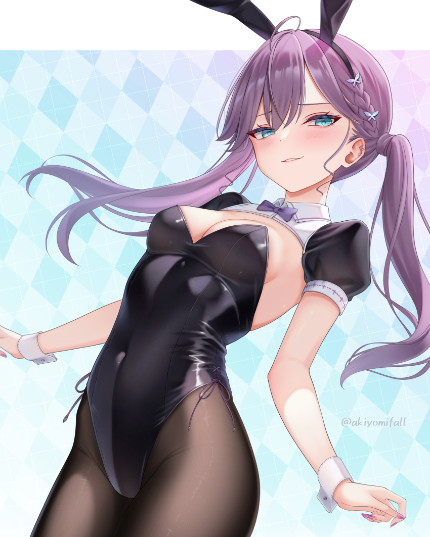1girl ahoge akiei animal_ear_hairband animal_ears black_leotard black_pantyhose black_shrug blue_eyes bow bowtie breasts checkered_background collar fake_animal_ears gakuen_idolmaster hairband highres idolmaster kaya_rinha leotard long_hair looking_at_viewer medium_breasts pantyhose playboy_bunny purple_bow purple_bowtie purple_hair rabbit_ears rabbit_tail shrug_(clothing) side-tie_leotard solo tail twintails white_collar wrist_cuffs
