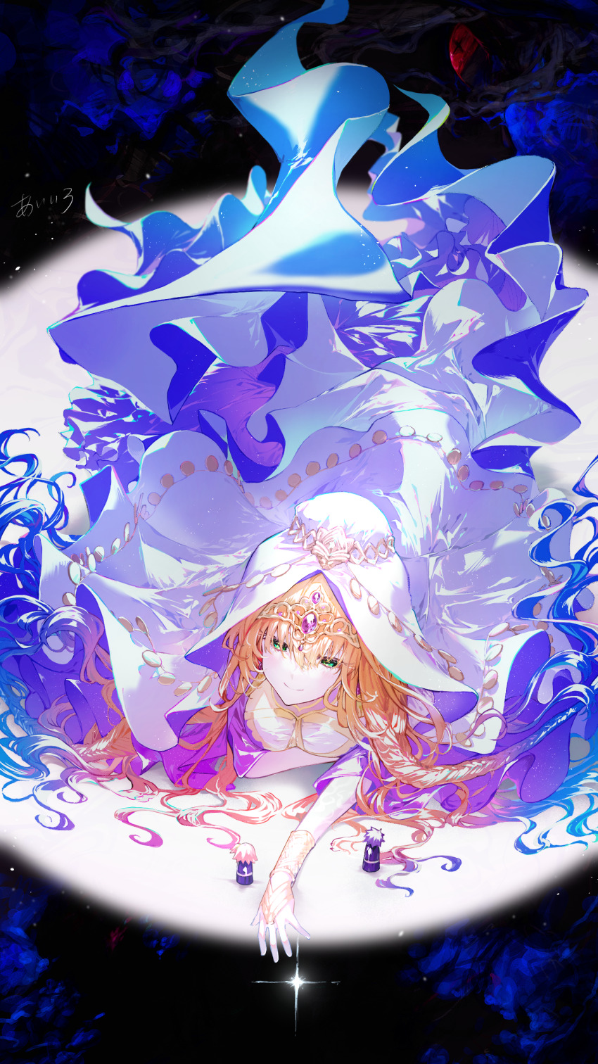 1boy 1girl absurdres aiiro breasts bridal_gauntlets edmond_dantes_(fate) eyed_silhouette fate/grand_order fate_(series) green_eyes grey_hair haydee_(fate) highres jewelry long_hair lying on_stomach orange_hair signature silhouette smile the_count_of_monte_cristo_(fate) veil very_long_hair white_veil