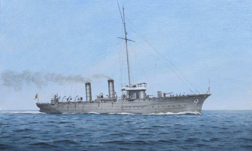 atelier_bono clear_sky cruiser highres mast military_vehicle ocean original ship sky smoke smokestack traditional_media vehicle_focus warship watercraft waves yodo_(cruiser)