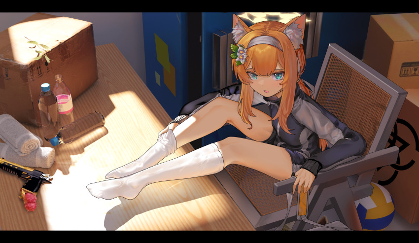 absurdres adjusting_sock aircctzillie animal_ear_fluff animal_ears ball blue_archive bottle box cardboard_box desert_eagle flower gun gym_shorts gym_uniform hair_flower hair_ornament hairband halo handgun highres jacket legs_on_table long_hair low_ponytail mari_(blue_archive) mari_(track)_(blue_archive) multicolored_jacket no_shoes official_alternate_costume orange_hair plastic_bottle ponytail shorts sitting socks towel track_jacket volleyball_(object) water_bottle weapon white_flower white_hairband white_socks yellow_halo
