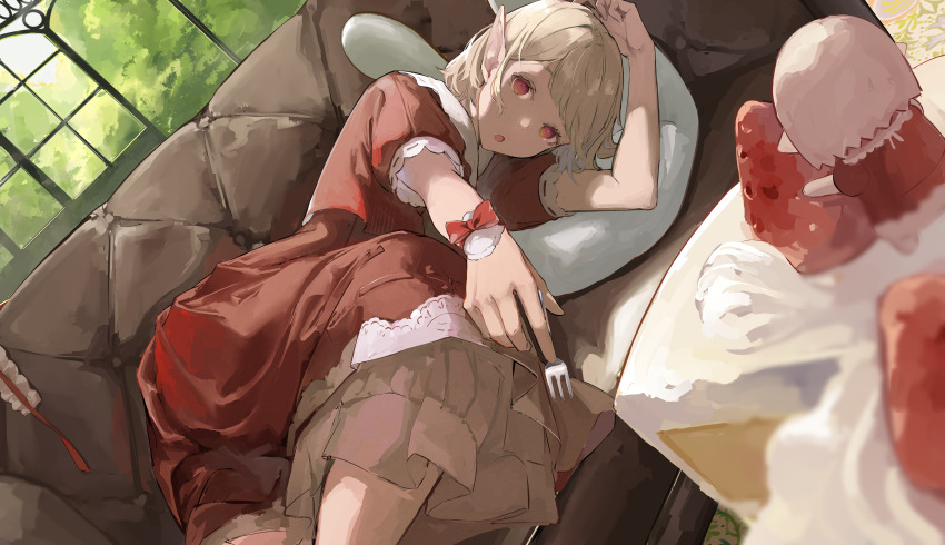 1girl :o absurdres bow cake cake_decoration character_doll commentary_request couch doll dress elu_(8th_costume)_(nijisanji) elu_(nijisanji) feet_out_of_frame food fork fruit grey_hair hairband highres holding holding_fork indoors layered_dress looking_at_viewer lying medium_dress nashimisaki_futakotamagawa nijisanji on_couch on_side open_mouth pointy_ears red_bow red_dress red_eyes short_hair short_sleeves solo strawberry strawberry_shortcake unworn_hairband virtual_youtuber window wrist_bow