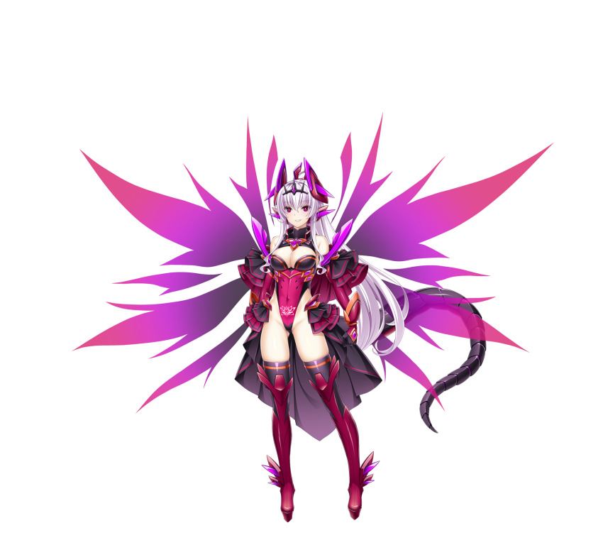 1girl abystia_dragoon bare_shoulders boots breasts cleavage cleavage_cutout clothing_cutout corruption covered_navel dark_persona dragon_girl dragon_horns dragon_tail energy_wings full_body game_cg gloves headgear highleg highleg_leotard highres horns inoino kouyoku_senki_exs-tia large_breasts leotard long_hair looking_at_viewer medium_breasts non-web_source official_art pointy_ears pubic_tattoo red_eyes rieszverne_suzette_paladill showgirl_skirt solo tail tattoo thigh_boots thighhighs transparent_background variant_set very_long_hair white_hair wings
