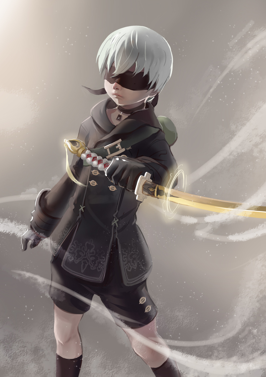 1boy 9s_(nier:automata) absurdres black_gloves black_legwear blindfold commentary covered_eyes english_commentary gloves highres holding holding_weapon machine_(nier) male_focus nier:automata nier_(series) short_hair shorts solo sword weapon whinghope