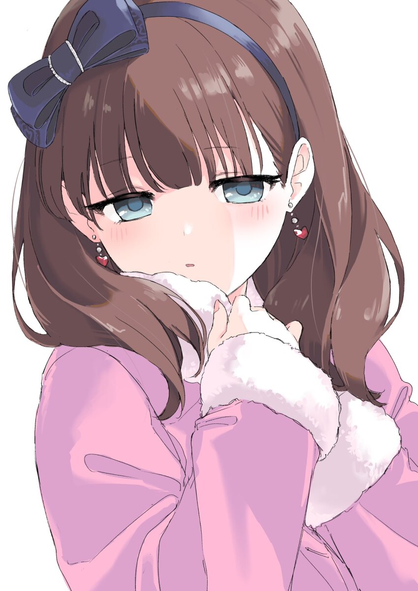 1girl blue_eyes blush brown_hair coat earrings hairband heart heart_earrings highres idolmaster idolmaster_cinderella_girls jewelry long_hair looking_at_viewer parted_lips pink_coat pure_556 sakuma_mayu simple_background solo upper_body white_background