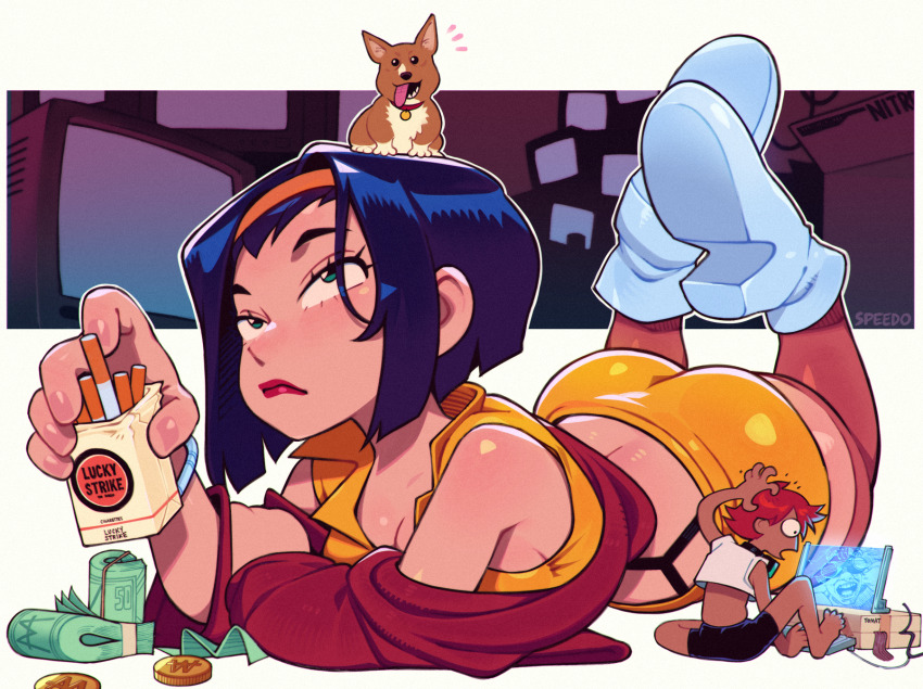 2girls artist_name banknote bare_shoulders black_shorts blue_eyes blue_hair breasts cigarette cigarette_pack cleavage coin corgi cowboy_bebop cowboy_bebop_(netflix) crt dog edward_wong_hau_pepelu_tivrusky_iv ein_(cowboy_bebop) faye_valentine full_body headphones high_heels highres holographic_monitor jacket lipstick looking_up lying makeup midriff money multiple_girls on_stomach red_hair red_jacket red_lips shoes short_hair shorts size_difference sleeveless speedoru thighhighs white_shoes wide-eyed yellow_shorts