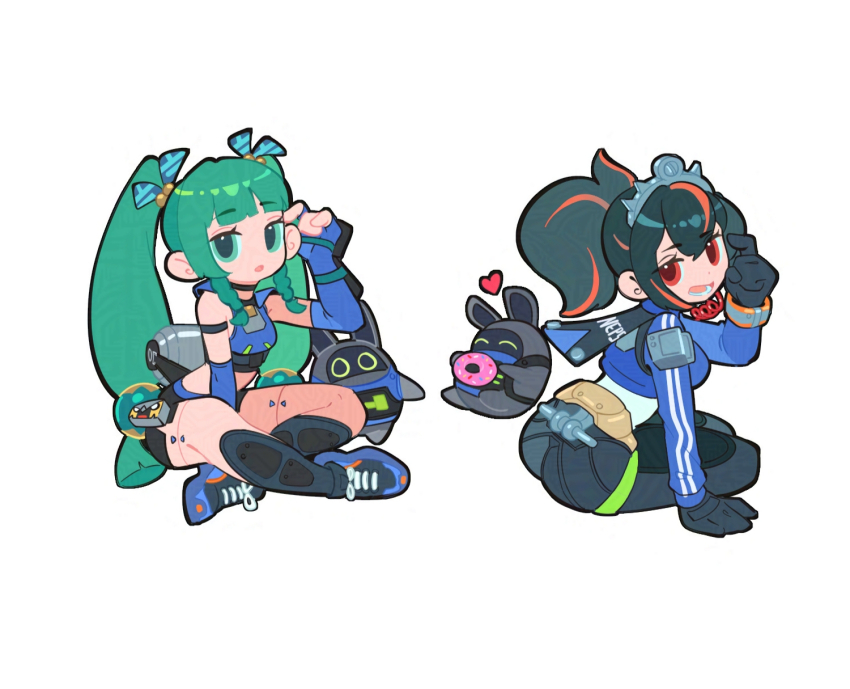 2girls android bea_lenoir black_gloves black_hair black_pants blue_gloves blue_jacket braided_sidelock chibi donut elbow_gloves fingerless_gloves food gloves green_eyes green_hair handlebar high-waist_pants highres holding holding_donut holding_food holster indian_style jacket looking_at_viewer looking_back metal_hairband multicolored_hair multiple_girls open_mouth pants police police_uniform policewoman ponytail qingyi_(zenless_zone_zero) red_eyes red_hair robot_girl securityboo_(zenless_zone_zero) shoulder_holster sitting streaked_hair twintails white_background zenless_zone_zero zhu_yuan