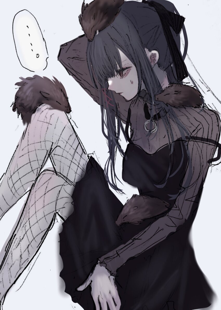 1girl akai_ringo_(eveyuno) black_dress black_hair dress fishnets hair_ribbon high_ponytail highres looking_ahead original ponytail ribbon sitting sweatdrop white_background