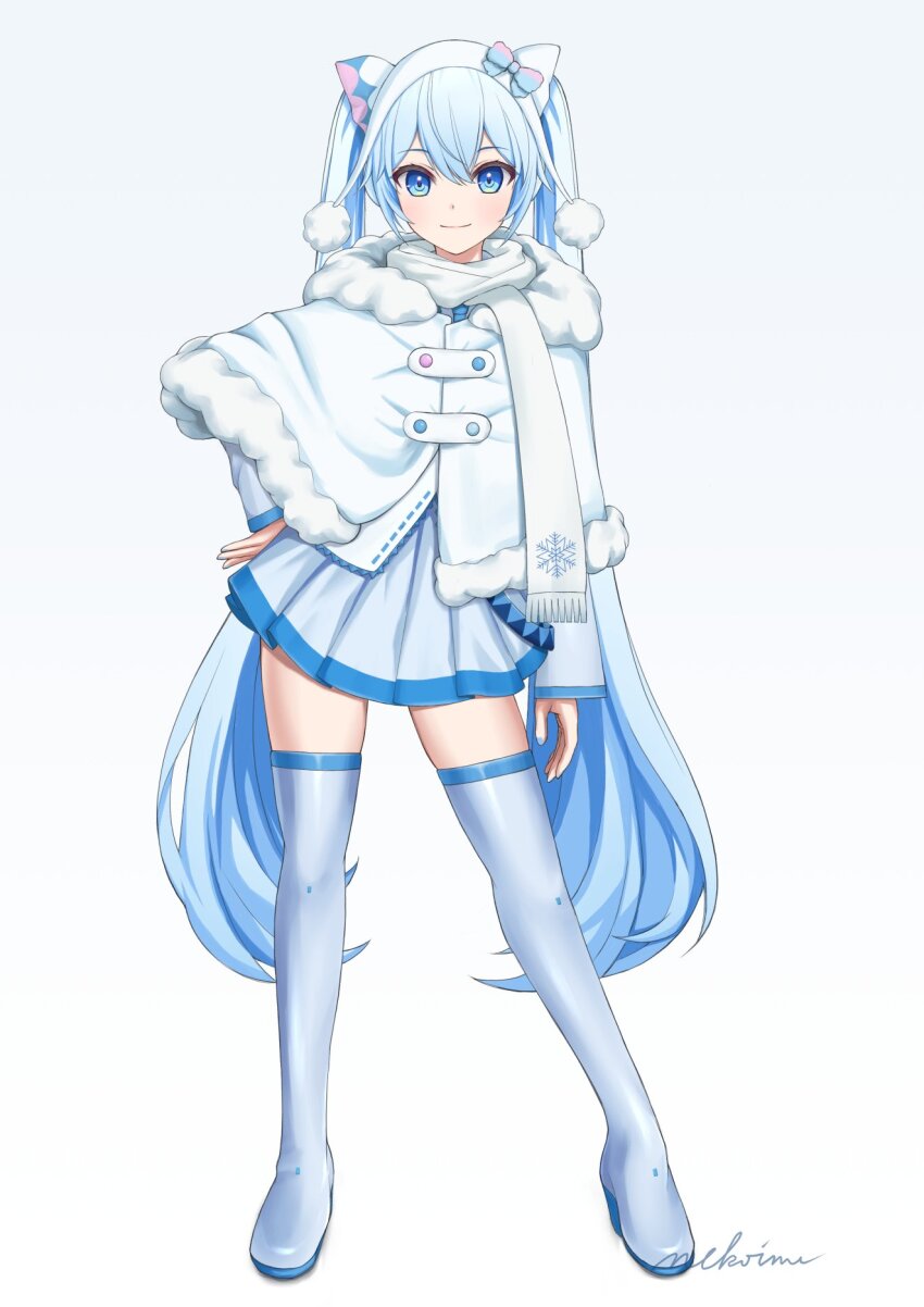 1girl alternate_costume aqua_eyes aqua_hair aqua_nails aqua_skirt blue_trim blush boots cape closed_mouth full_body grey_background hair_between_eyes hand_on_own_hip hatsune_miku highres long_hair long_sleeves looking_at_viewer nekoinu_bamboo pleated_skirt scarf simple_background skirt smile snowflake_print solo thigh_boots twintails very_long_hair vocaloid white_cape white_scarf