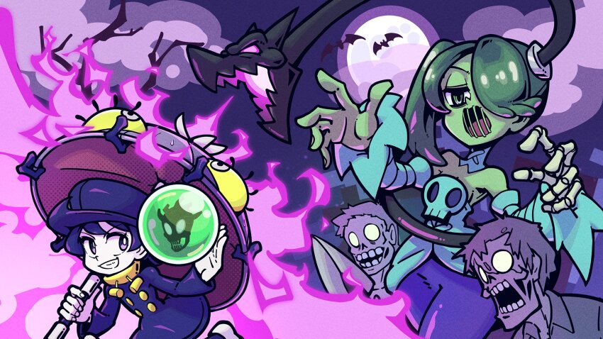 2boys 2girls alternate_color bat_(animal) bubble buresu21 cloud cloudy_sky colored_skin detached_collar dress energy full_moon green_eyes green_hair green_skin grin hair_over_one_eye hat highres hungern_(skullgirls) leviathan_(skullgirls) moon multiple_boys multiple_girls night onozawa_(buresu21) open_mouth outstretched_arms raincoat skeletal_arm skullgirls sky smile squigly_(skullgirls) stitched_mouth stitches striped_sleeves tree umbrella umbrella_(skullgirls) zombie