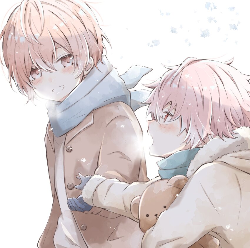 2boys absurdres aged_down black_gloves blue_scarf brown_coat child coat fur-trimmed_jacket fur_trim gloves hari_nyan_nyan highres holding holding_hands holding_stuffed_toy jacket long_sleeves looking_at_another miyama_kei multiple_boys open_mouth orange_eyes orange_hair paradox_live pink_hair red_eyes rokuta_(paradox_live) scarf shirt smile snowing spoilers stuffed_animal stuffed_toy teddy_bear white_jacket white_shirt