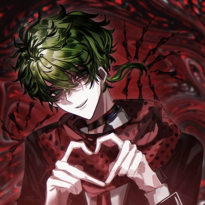 1boy four-finger_heart_hands abstract_background black_collar black_jacket chinese_commentary collar commentary_request empty_eyes green_eyes green_hair hair_between_eyes heart heart_hands highres jacket kimi_ga_shine long_sleeves male_focus midori_(kimi_ga_shine) moyu_shuang open_clothes open_jacket pale_skin polka_dot polka_dot_scarf red_background red_scarf scarf shirt short_hair smile solo upper_body variant_set wavy_background white_shirt