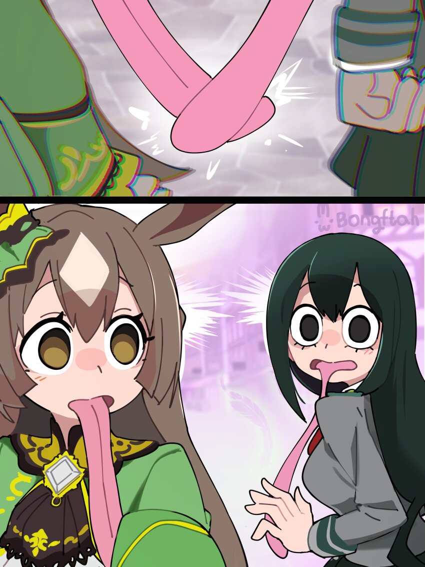 2girls absurdres artist_name asui_tsuyu black_eyes black_hair boku_no_hero_academia bongftah brown_eyes brown_hair commentary crossover freaky_satono_diamond_(meme) highres long_hair long_tongue looking_at_another looking_at_viewer meme multiple_girls satono_diamond_(natural_brilliance)_(umamusume) satono_diamond_(umamusume) school_uniform symbol-only_commentary tongue tongue_out trait_connection umamusume very_long_tongue