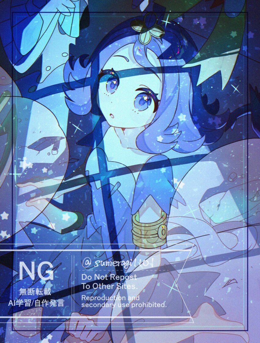 1girl :o acerola_(pokemon) armlet barefoot blue_dress creatures_(company) dress eyelashes flipped_hair game_freak hair_ornament highres jewelry looking_up nintendo open_mouth pokemon pokemon_sm purple_hair sitting solo star_(symbol) sumeragi1101 topknot torn_clothes torn_dress twitter_username watermark