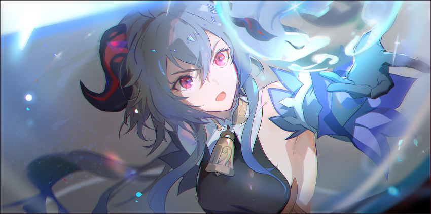 1girl ahoge armpits bare_shoulders bell blue_hair cowbell ganyu_(genshin_impact) genshin_impact gloves highres horns long_sleeves naye open_mouth outstretched_arm purple_eyes solo