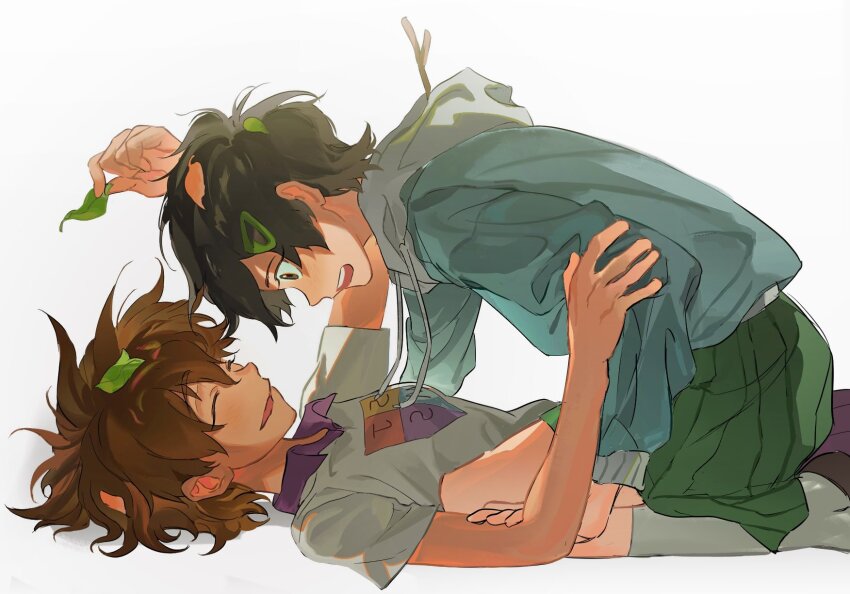2girls ^_^ amphibia anne_boonchuy black_hair breasts brown_eyes brown_hair closed_eyes collared_shirt dark-skinned_female dark_skin from_side full_body green_skirt grey_shirt hair_ornament hairclip highres hood hoodie jocy3 leaf leaf_on_head light_blush long_sleeves looking_at_another lying marcy_wu medium_breasts mirrored_text multiple_girls on_back open_mouth parted_lips pleated_skirt purple_skirt school_uniform shirt short_hair sjms_school_uniform skirt smile socks teeth upper_teeth_only white_background yuri