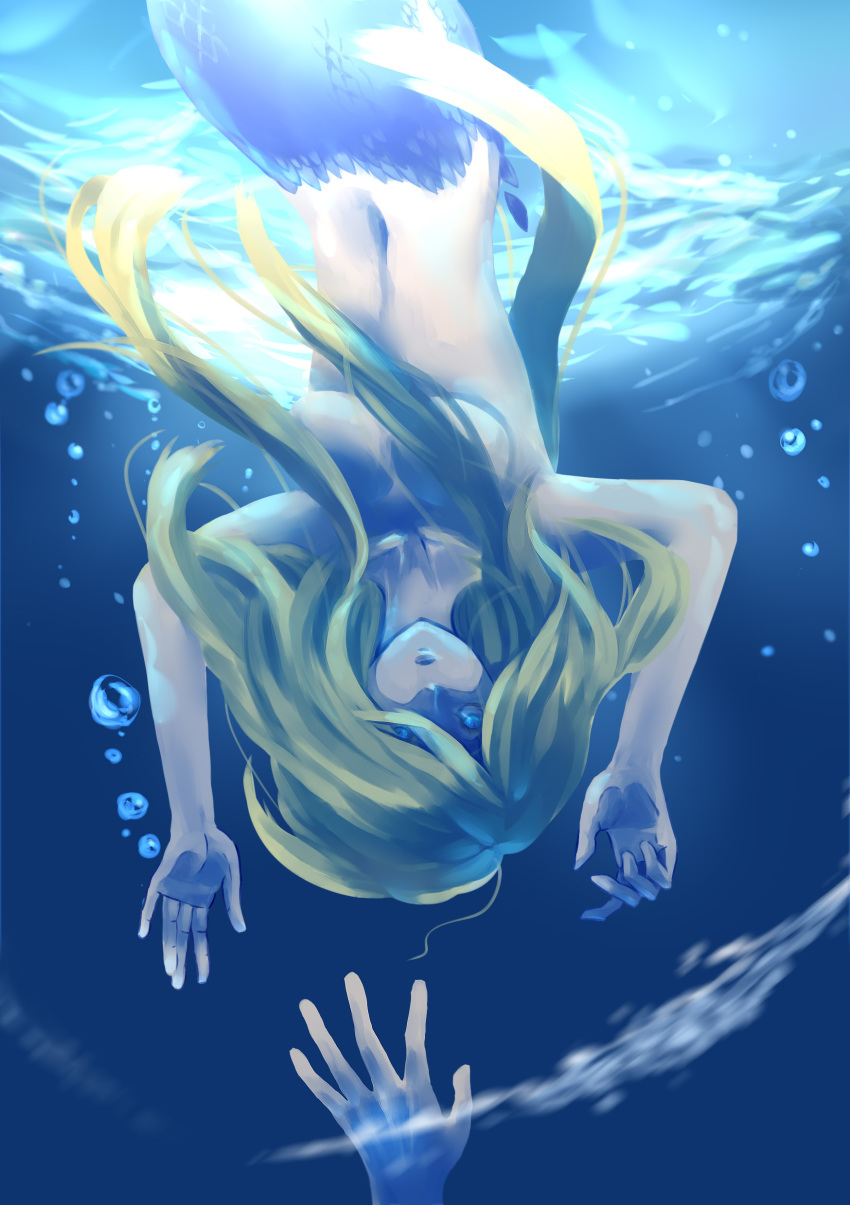 1boy 1girl absurdres artist_request blonde_hair blue_eyes bubble completely_nude gradient_background highres long_hair mermaid mermaid_swamp monster_girl navel ningyo_numa nude sidelocks underwater wakasugi_seitaro yamazaki_rin