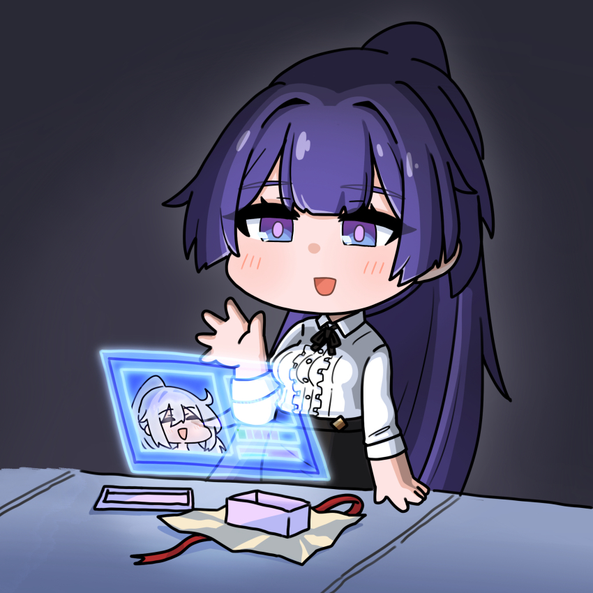 2girls :d black_skirt box breasts center_frills chibi collared_shirt commentary_request dress_shirt frills gift gift_box hair_intakes hand_up highres holographic_interface honkai_(series) honkai_impact_3rd kiana_kaslana long_hair long_sleeves medium_breasts mokkyo_(motkyo) multiple_girls open_mouth ponytail purple_eyes purple_hair raiden_mei shirt skirt smile very_long_hair white_shirt
