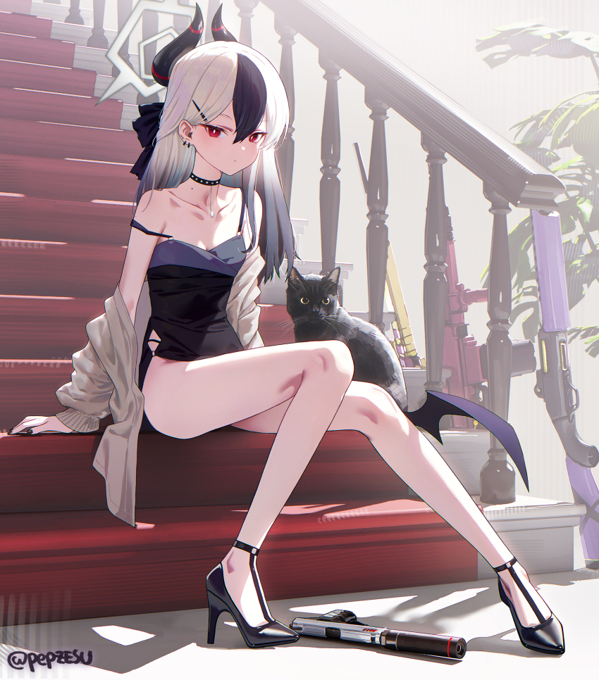 1girl animal black_cat black_dress black_hair black_shoes blue_archive brown_cardigan cardigan cat demon_girl demon_horns dress grey_halo gun h&amp;k_p30 halo handgun high_heels highres horns kayoko_(blue_archive) kayoko_(dress)_(blue_archive) long_hair multicolored_hair official_alternate_costume open_cardigan open_clothes pepzesu rifle shoes shotgun sitting sitting_on_stairs sniper_rifle solo stairs streaked_hair suppressor twitter_username weapon white_hair