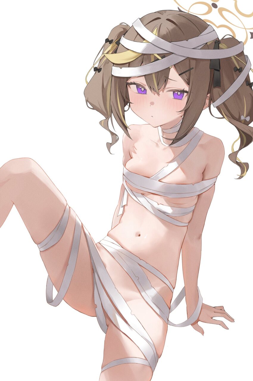 1girl arm_support bandaged_head bandaged_neck bandages bare_shoulders black_bow black_ribbon blonde_hair blonde_streaks blue_archive blush bow breasts bright_pupils brown_hair brown_halo chest_sarashi closed_mouth dot_nose gluteal_fold hair_between_eyes hair_bow hair_ornament hair_ribbon hairclip halo highres leg_up lizard0221 loli long_hair looking_at_viewer multicolored_hair mummy_costume naked_bandage navel purple_eyes rena_(blue_archive) ribbon sarashi simple_background sitting small_breasts solo streaked_hair thighs twintails white_background white_pupils