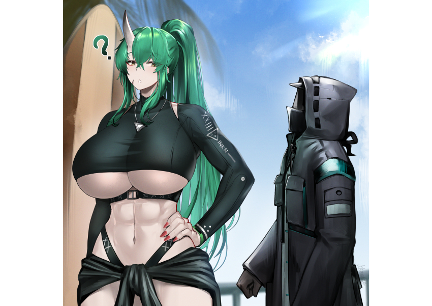 1girl 1other ? abs absurdres arknights belt bikini black_belt black_bikini black_coat black_gloves breasts chest_belt coat cowboy_shot crop_top cropped_shirt day doctor_(arknights) eyes_visible_through_hair facial_scar fingernails gloves green_hair grey_horns hair_between_eyes hand_on_own_hip high_belt highleg highleg_bikini highres hood hood_up hooded_coat horns hoshiguma_(arknights) hoshiguma_(seeker)_(arknights) huge_breasts irkawaza jewelry long_hair long_sleeves looking_at_another navel official_alternate_costume open_mouth outdoors pendant ponytail scar scar_on_cheek scar_on_face sidelocks simple_bird single_horn standing swimsuit toned toned_female underboob yellow_eyes