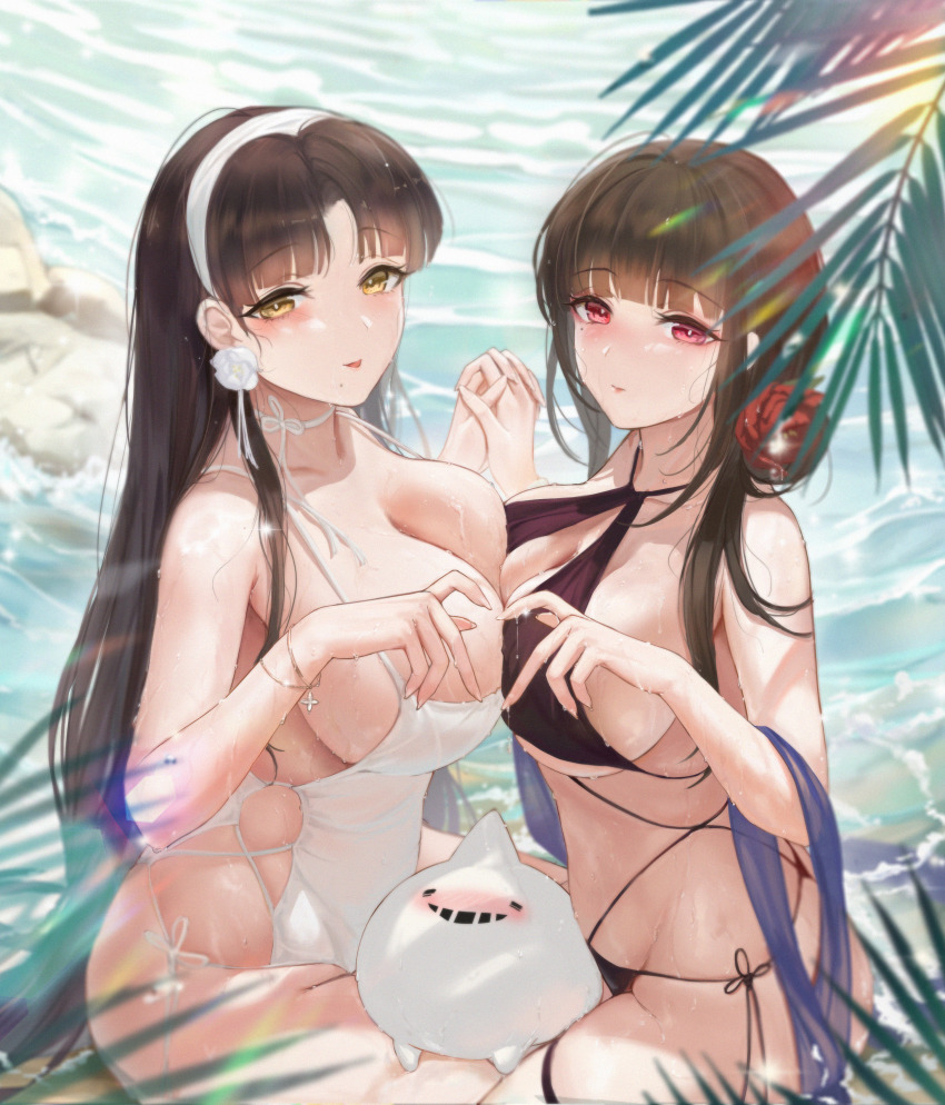 1913_(warship_girls_r) 1girl absurdres bad_id bad_weibo_id bare_shoulders black_choker black_dress black_footwear black_gloves black_thighhighs breasts choker dress elbow_gloves fatgulofei_gu flower full_body garter_straps gloves hair_flower hair_ornament hair_ribbon high_heels highres jewelry long_hair looking_at_viewer necklace red_eyes red_flower red_rose ribbon rose simple_background sitting small_breasts solo strapless strapless_dress thighhighs twintails warship_girls_r watermark weibo_watermark white_background white_hair yat_sen_(warship_girls_r)